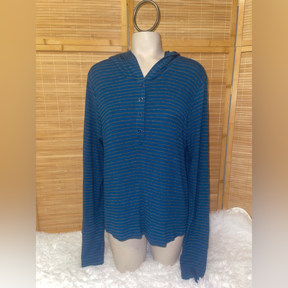 CAbi Riff Hoodie Long Sleeve Blue Grey Striped top shirt woman’s size large
